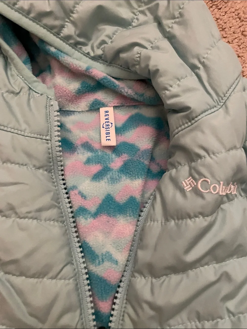 Columbia Kids Light Aqua Reversible Hooded Puffer Jacket
